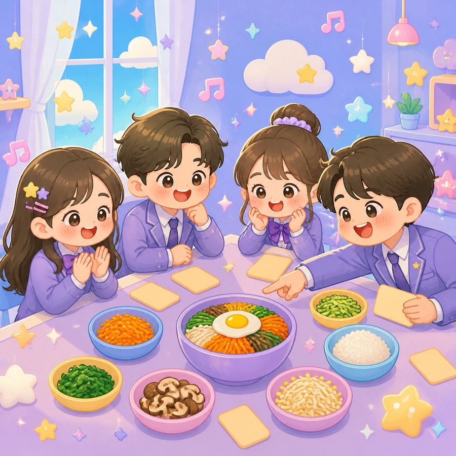 비빔밥 재료 게임을 하며 웃는 친구들 일러스트
