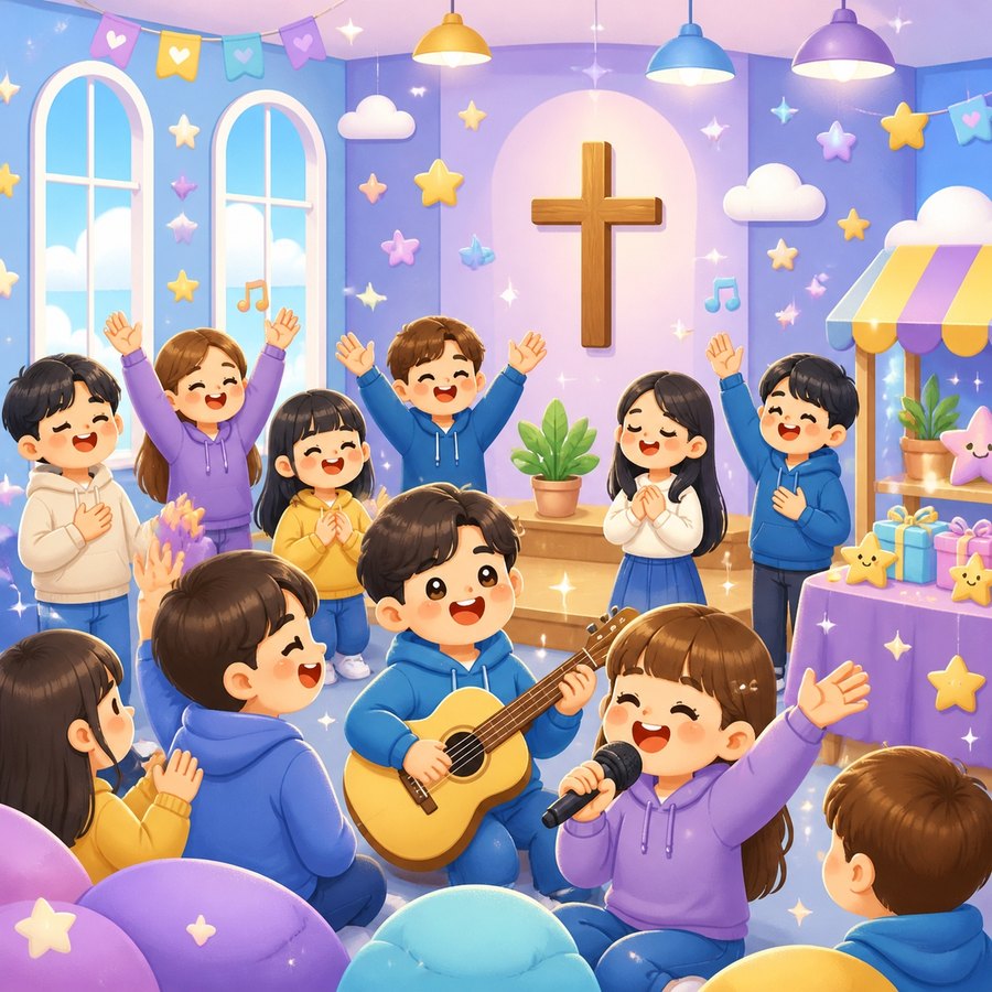 중고등부가 함께 예배하고 달란트 잔치를 여는 모습 일러스트